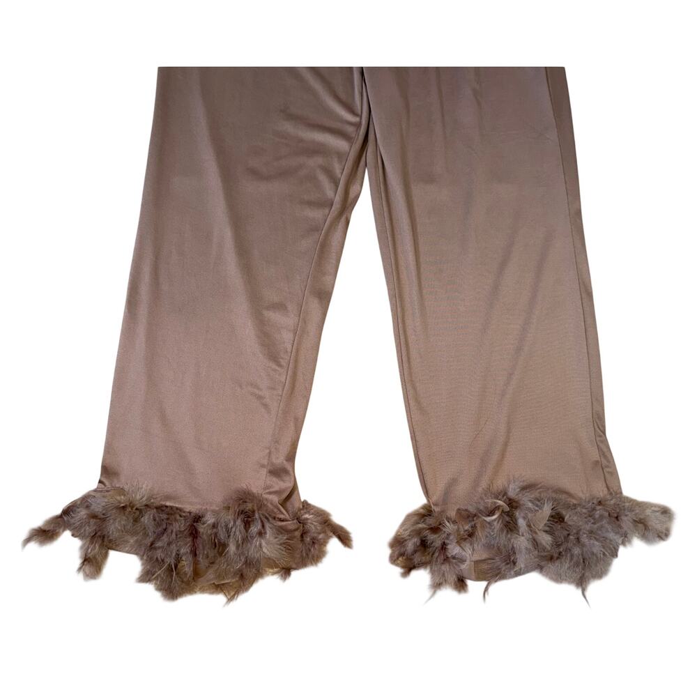 Feather Trim Wide Leg Lounge Pants Brown Taupe Elastic Waist Soft Stretch Size M - Picture 4 of 9